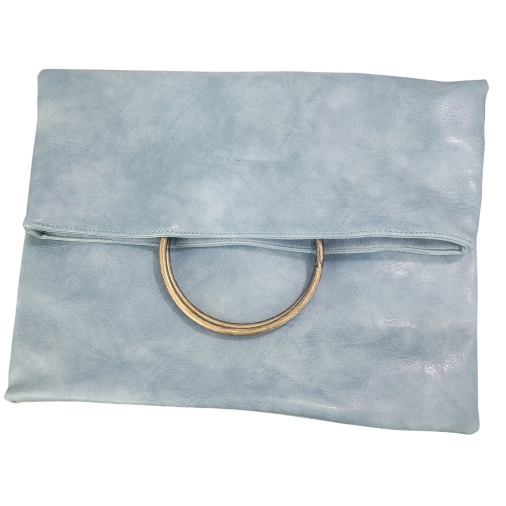 Womens Light Blue Vegan Leather Ring Handle Clutch Bag Fold Over Handbag